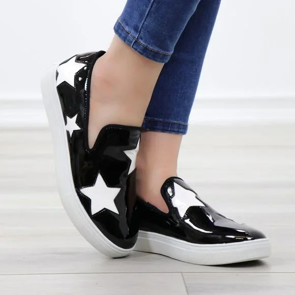 Black With White Stars Patent Sneakers Shoes - Picture 4 of 14